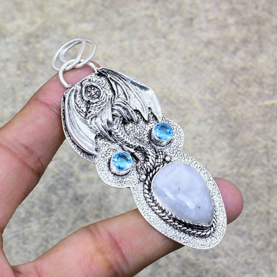 Lovely Rainbow Moonstone, Blue Topaz 925 Sterling Silver Pendant 3.03''