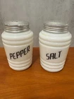 Vintage Salt Pepper Shakers Range HAZEL ATLAS White Milk Glass Black Lettering
