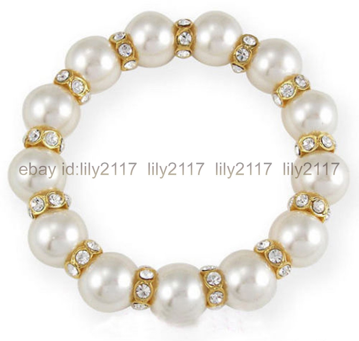 8-14mm White Shell Pearl Gold Crystal Rhinestone Beads