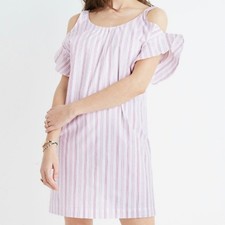 Madewell Rose Stripe Cold Shoulder Dress Small Mini Scoop Neck Shift Poplin Pink