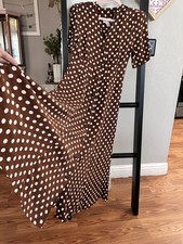Vintage 1990s Express Button Down Polka Dot Brown Maxi Dress Sz 7/8 Pretty Woman