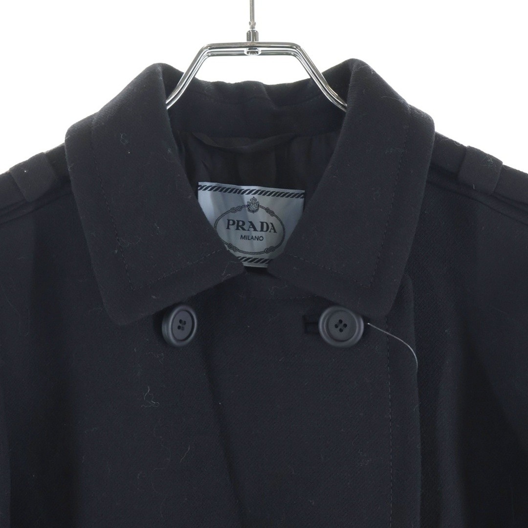 PRADA Shoulder Ribbon Triangle Logo Double Breasted Wool Chester Coat Black Used thumbnail 3