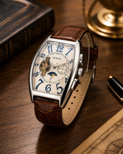 Tourbillon Automatic Watch Moon Phase Silver White Leather Blue Coating Quality