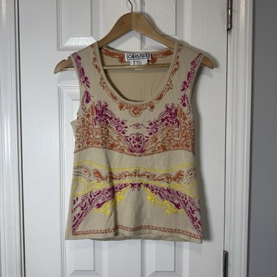 Carlisle Tan Sleeveless Embroidered Silk Blend Tank Size Medium Colorful