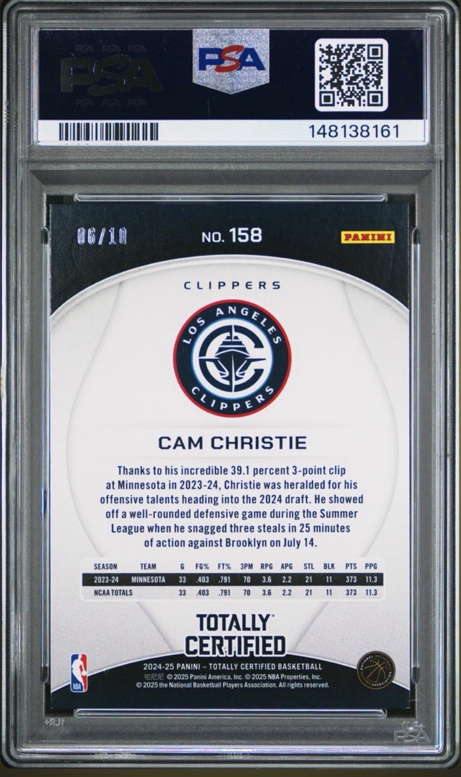 Cam Christie 2024-25 Panini Totally Certified #158 RC Mirror Gold #/10 PSA 8 view 2