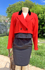 VINTAGE VALENTINO MISS V RED BLACK CROPPED VELVET COLLAR JACKET SKIRT SUIT Sz 42