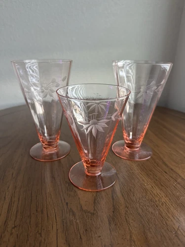3 Lancaster Depression Glass Pink Vintage Floral Etched Cone Footed Tumblers