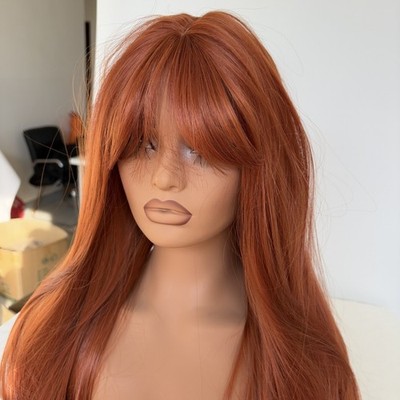 Copper Red Synthetic Hair Long Straight Dress Up Wigs With Bangs Layered Soft
