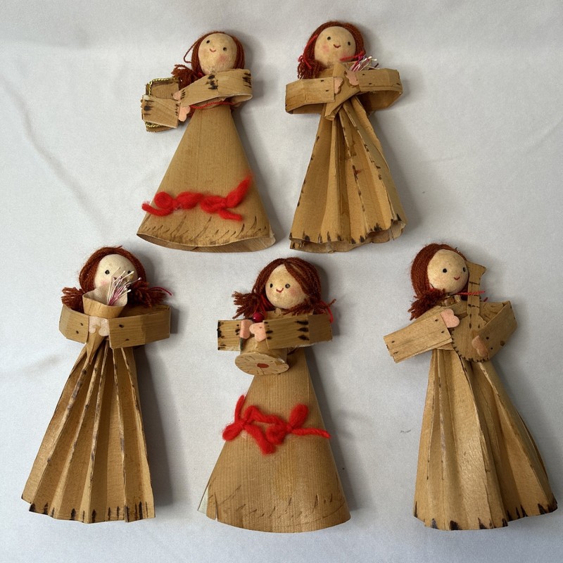 5 Vintage Angel Christmas Ornaments Handmade Bendable Plywood and Yarn  6.5 in