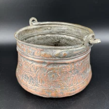 Antique Hammered Copper Pot Hanging Cauldron Iron Handle Patina Repousse Planter