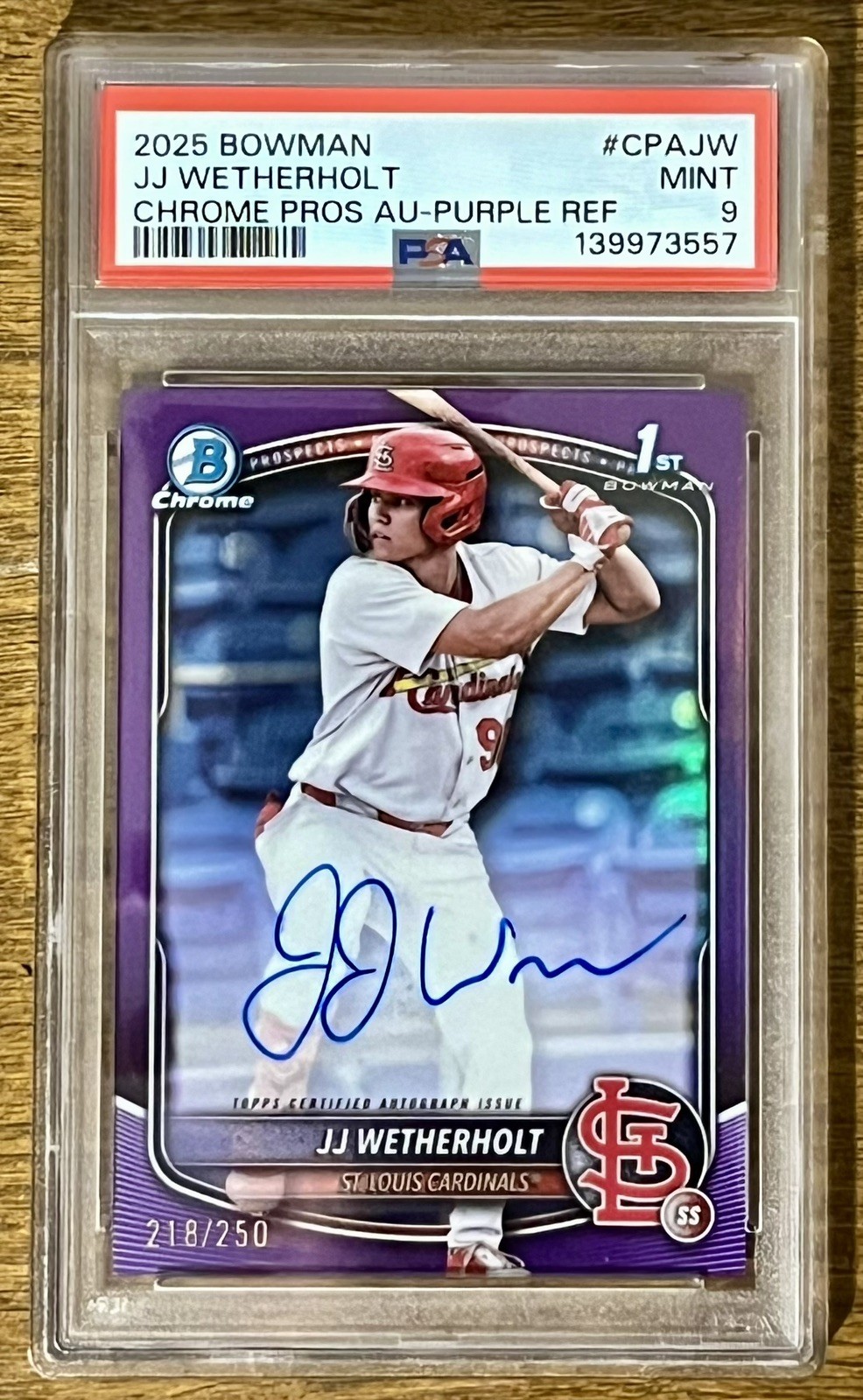 2025 Bowman Chrome 1st Auto JJ WETHERHOLT Purple /250 PSA 9 Cardinals 🔥🔥