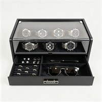 Uhrenbox 7 FäCher Pu-Leder Vitrine Mit Glasdeckel Schmuckaufbewahrung