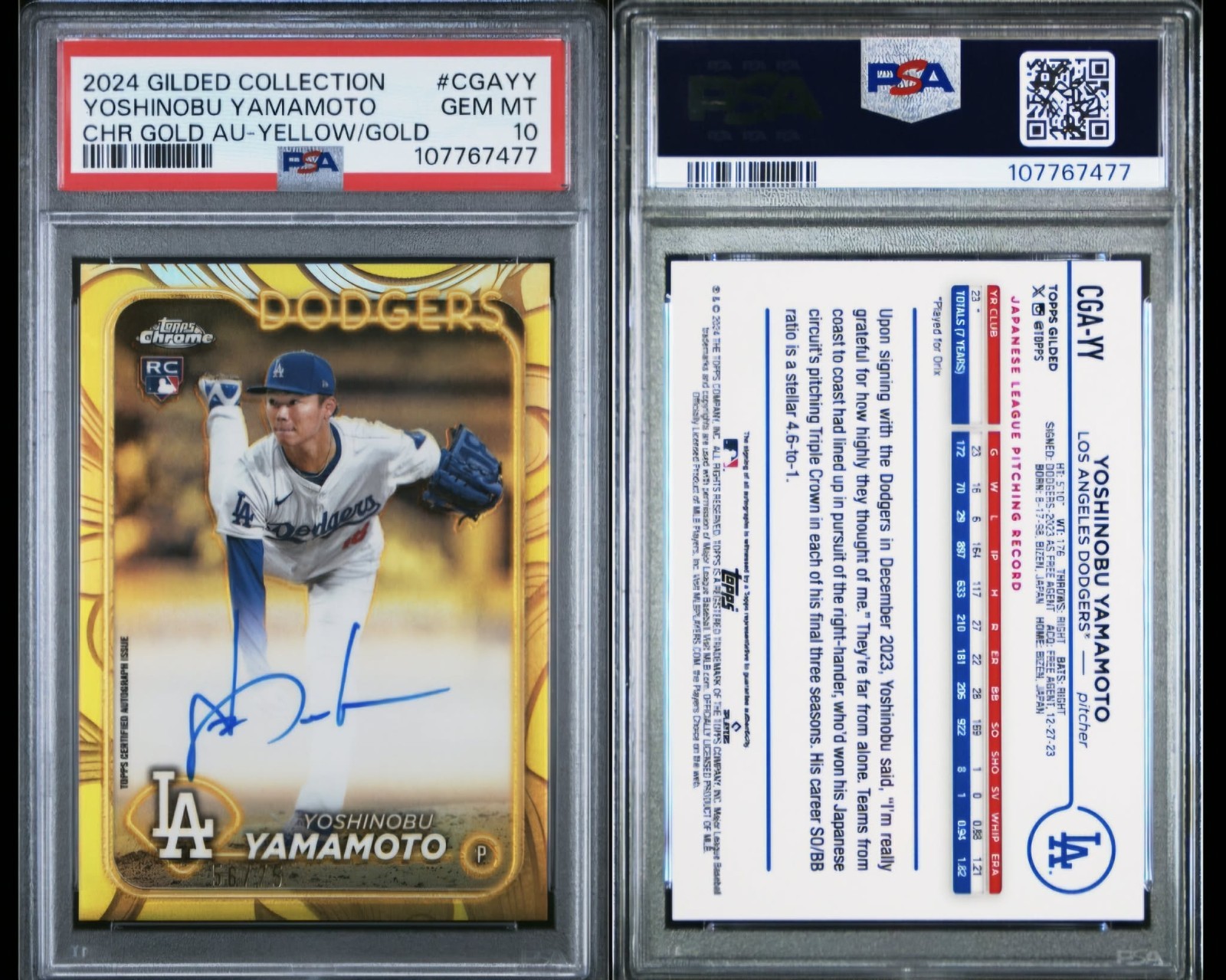 Yoshinobu Yamamoto #CGA-YY Baseball Cards 2024 Topps Gilded Collection Chrome Gold Autograph trading card — raw and PSA graded price guide