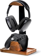 Headphone Stand with Controller Holder Walnut Wood Gaming Desk Storage Base