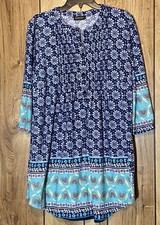 CLEARANCE REBORN 1XL Notch Neck Pintuck Tunic Dress Navy Geometric Multicolor