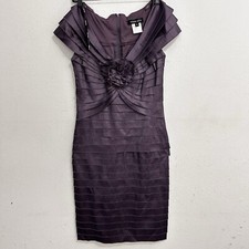 Tadashi Shoji Purple Rosette Neck Pleated Satin Cocktail Party Sheath Dress Sz 8