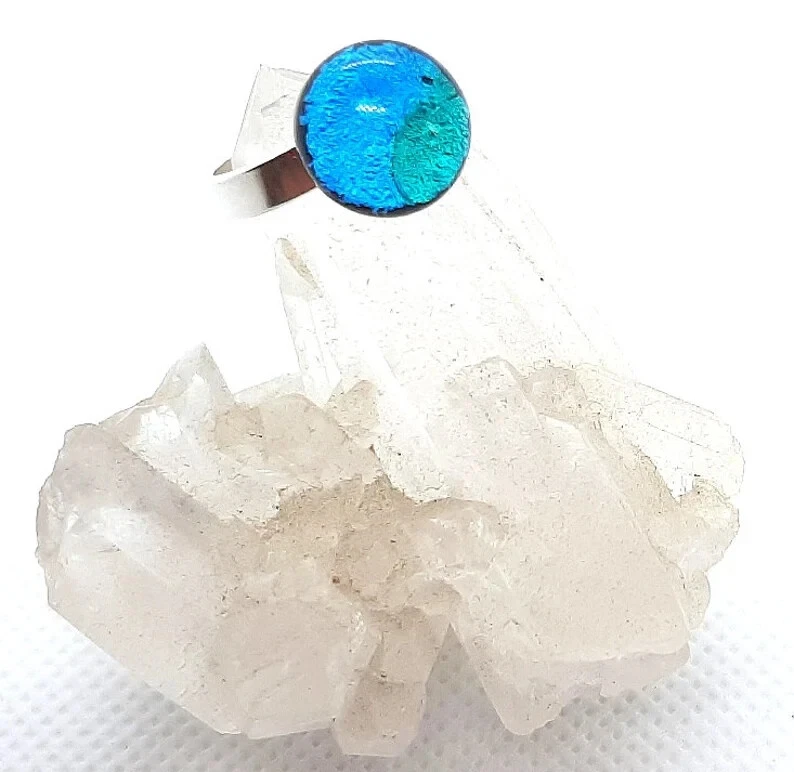 Mini Fingerring  Muranoglas  blau türkis verstellbar 925 Silber handgefertigt