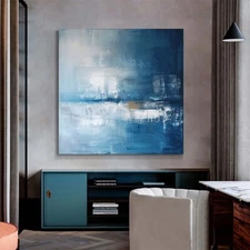 Modern  Abstract art oil painting Hand-painted on canvas Blue Sea Art White