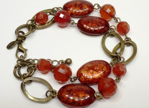 A27) Premier Designs Double Strand Red and Antique Brass Bracelet - Picture 2 of 3