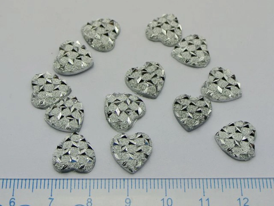 200 Silver Flatback Acrylic Glitter Heart Rhinestone Cabochons 11X11mm - Imagem 3 de 4