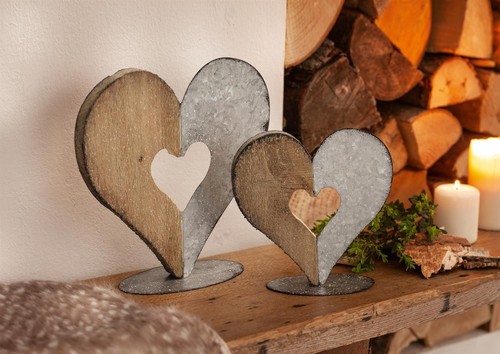 Dekoobjekt Dekofigur Herz aus Holz & Metall, 2x Dekoherz Shabby, Hochzeitsdeko