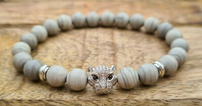 Panther Armband 8mm Onyx Schneeleopard Perlenarmband Damen Partnerarmband 