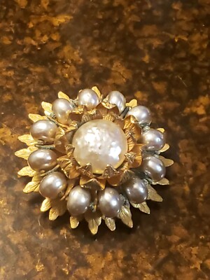 Vintage Signed Miriam Haskell Gold Baroque Faux Pearl Layered Flowers Pin Brooch