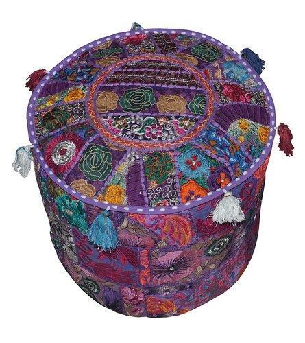 Indian Embroidered Round Floor Cushion Pillow Purple Pouf Cover Home Decorative - Picture 1 of 3