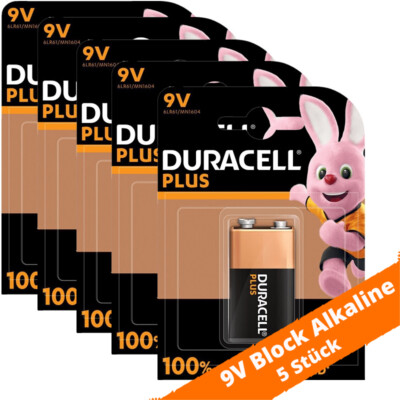 5 x Duracell 9V-Block Plus MN1604 E-Block 6LR61 Batterie Plus Power Alkaline