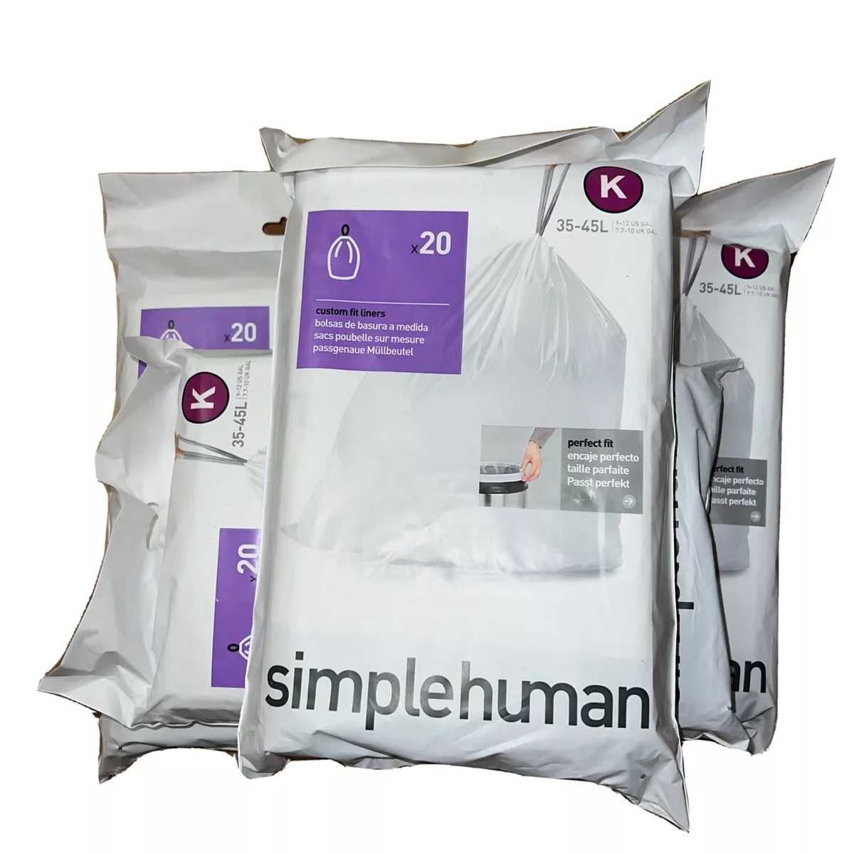 Lot of 3 Code K 20 Ct SIMPLEHUMAN Custom Fit Trash Bags Can Liners