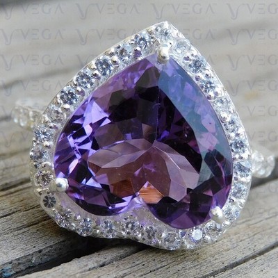 8.45Ct Heart Shape Natural Amethyst & Diamond Wedding Ring 18K White Gold Plated