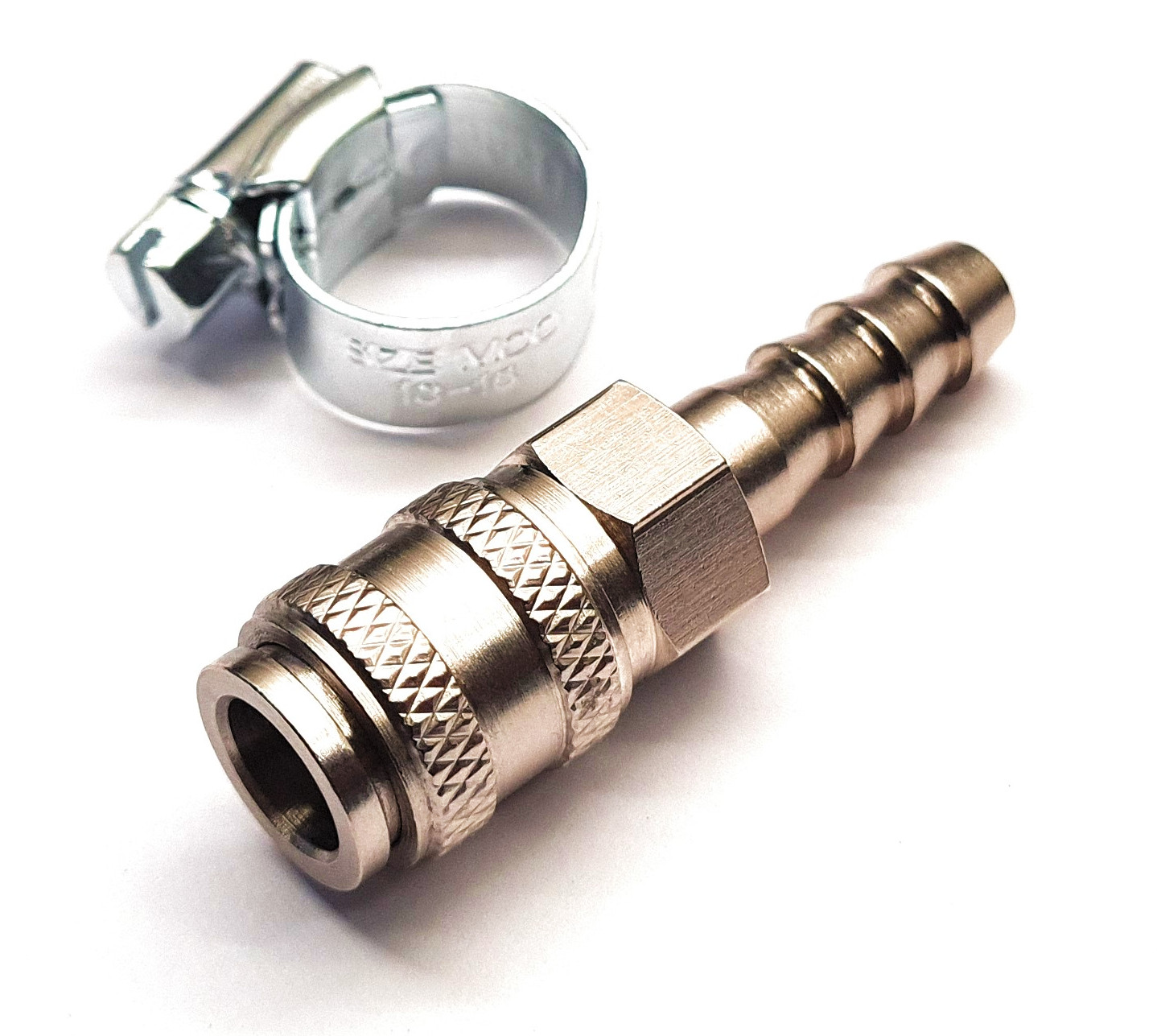 Female 8mm Quick Release Gas Hose Connector + Hose Clip. Fits 8mm ID Gas Hose