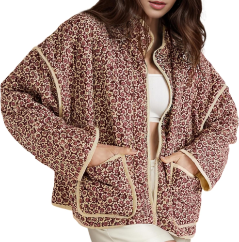 Women'S Cropped Puffer Jacket Lightweight Floral Print Long Sleeve Padded Quilte