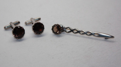 Designer Vintage Sterling Silver Smoky Quartz Cufflink & Tie Bar Set [044GRA]