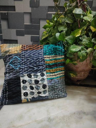Vintage Black Color Kantha Quilt Silk Patchwork Handmade Bedspread Blanket Throw - Picture 5 of 5