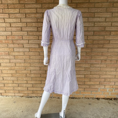 Purple & White checkered plaid lace trim lightweight button-up dress S/M *flaws - Picture 3 of 23
