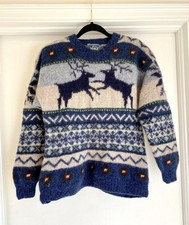 Vintage Nordic Reindeer Deer Wool Sweater Size Medium Blue Christmas Winter Snow