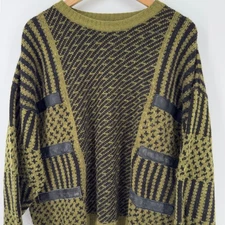 Oggi Mode Italy Men's XL Green Vintage Black Wool Blend Patterned Sweater