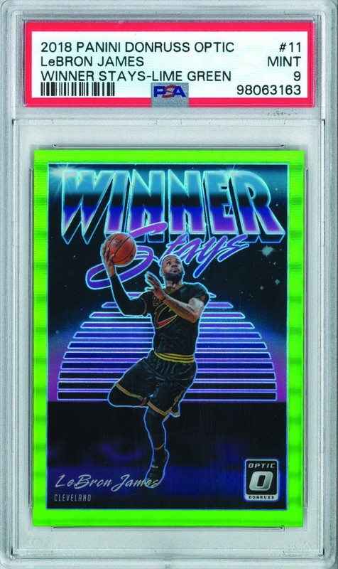 PSA 9 LEBRON JAMES 2018-19 DONRUSS OPTIC WINNER STAYS #3/149 LIME GREEN #11 MINT