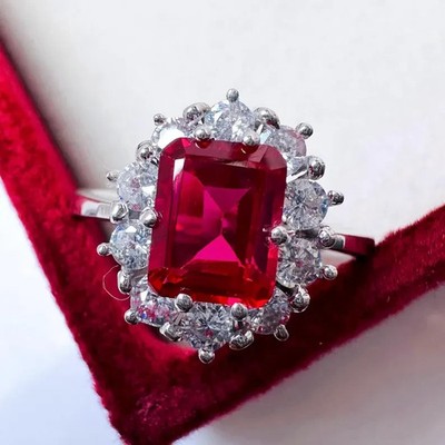 6.40Ct Natural Red Ruby  & Diamond, Emerald Cut 18K White gold Engagement Ring