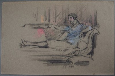 George Denholm Rüstung. Graphit / Pastell. Damen Liege auf Chaiselongue.