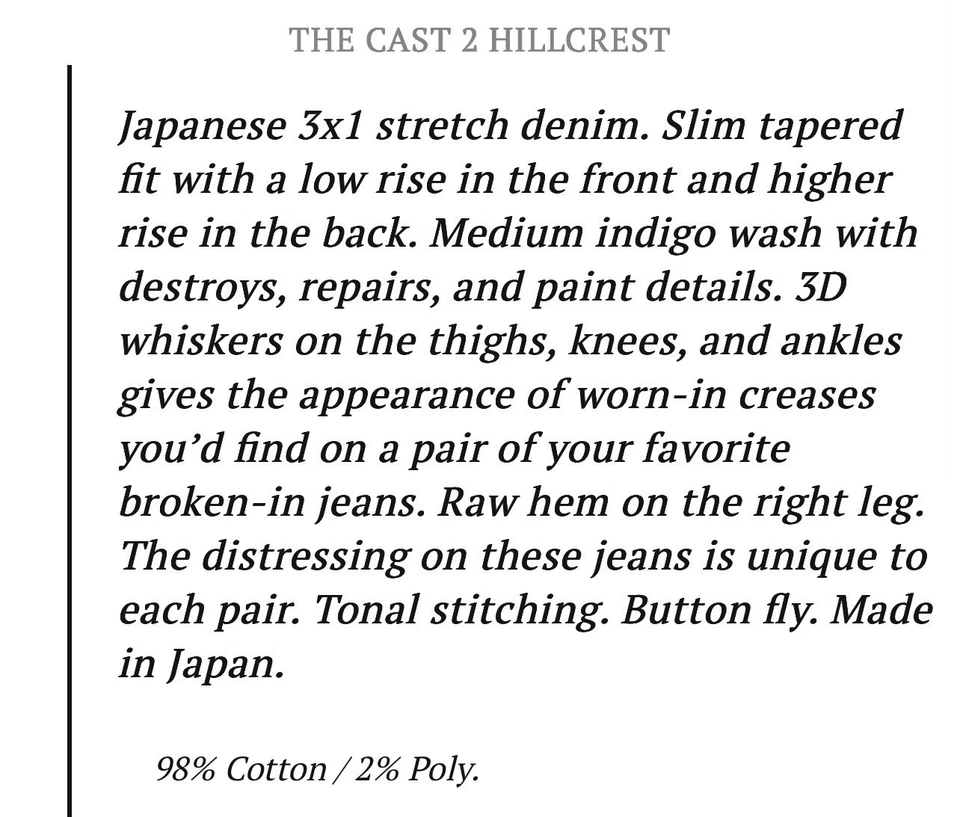 Denim envejecido John Elliott Cast 2 Hillcrest hecho en Japón talla 34x32 nuevo sin etiquetas $598 Foto 3 de 4