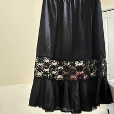 Vintage Lace Inlay Ruffle Hem Lingerie Coquette Slip Skirt Women M Black