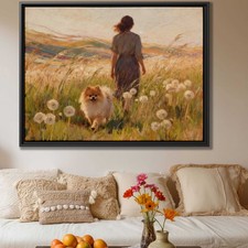 Rustic Floral Oil Painting Pomeranian Dog Canvas Print for Living Room Decor