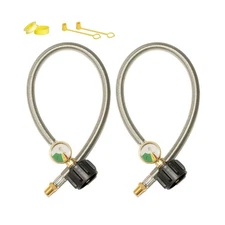 15 Inch RV Propane Hose Replacement with Gauge, 2 Pack - Stainless Steel Brai...