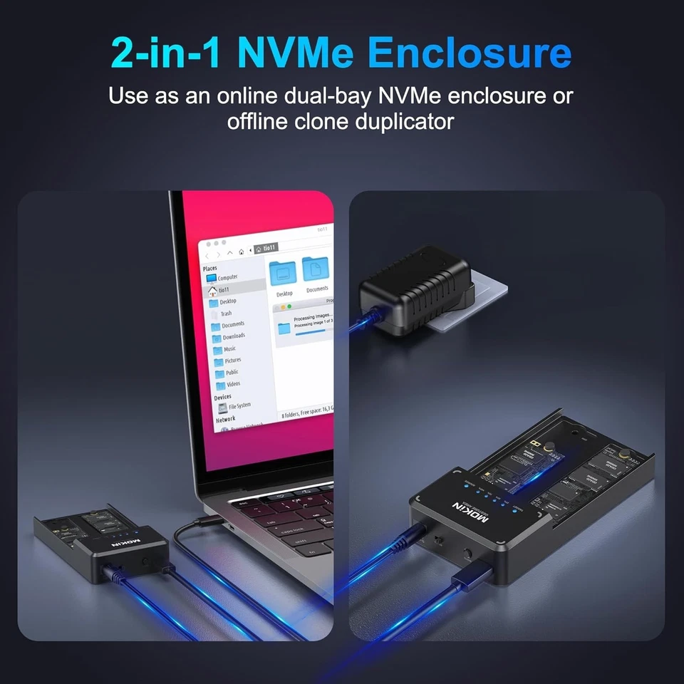 MOKiN NVMe Enclosure, M.2 SSD Enclosure Dual-Bay Offline USB 3.1 Docking Station - Image 3 of 4