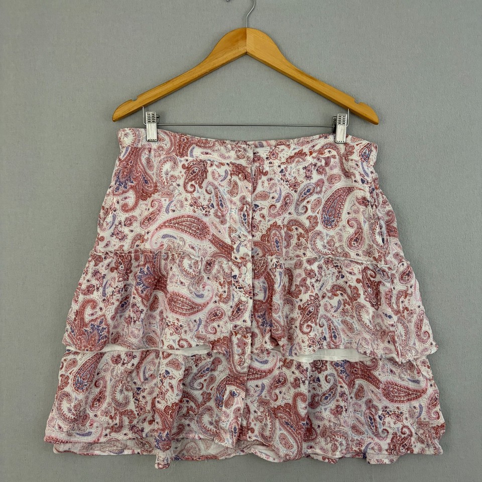 Just Jeans Skirt Womens Medium Ivory Brown Flared Paisley Tiered Ruffle Hem Boho