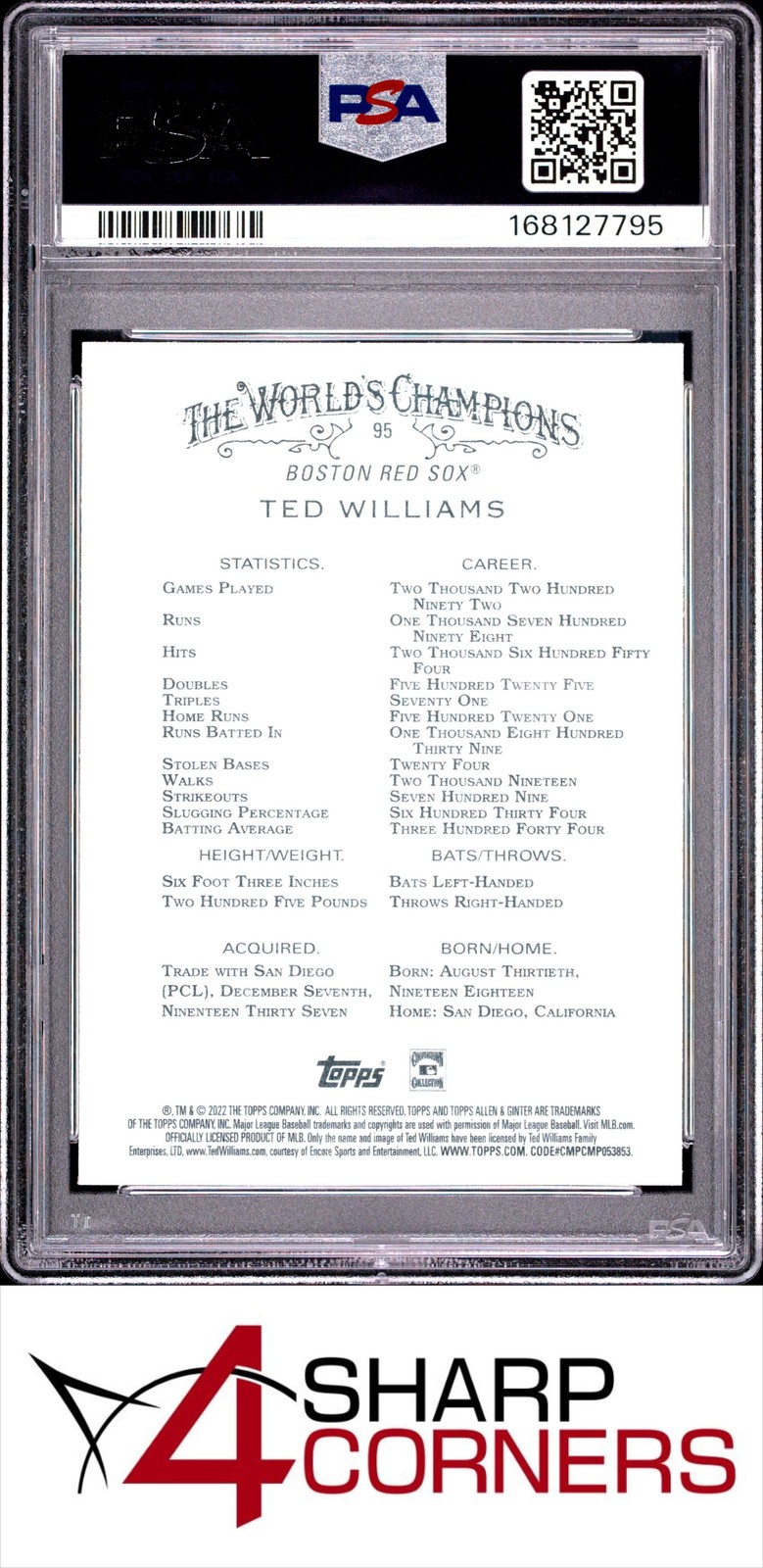 2022 TOPPS ALLEN & GINTER #95 TED WILLIAMS HOF POP 5 PSA 10 view 2