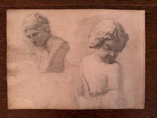 Antique Pencil Ink Wash Two Sided Sketch Work Statues Germany c.1860 9.5"x13"