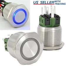 25mm Latching Push Button Power Switch Stainless Steel w/ Blue LED Waterproof